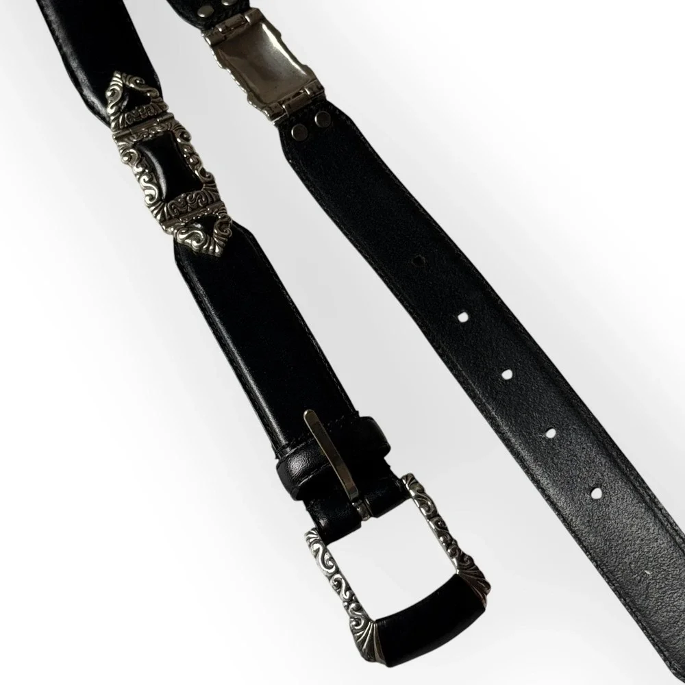 Vintage Fossil Black Leather Western Belt Ornate Silver Buckle Tip Keeper Y2K M